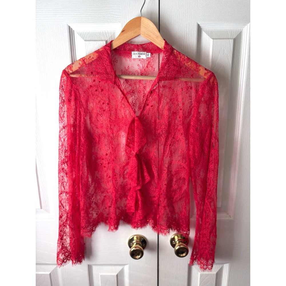 SUCHADA Red Lace Sheer Beaded Romantic V-Neck Goth Vamp Ruffle Front Blouse 10